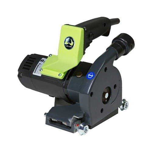 Frezarka Wolff do renowacji podłóg z litego drewna, widok z boku, z zielonym elementem osłonowym i szarym korpusem z widocznymi śrubami mocującymi.