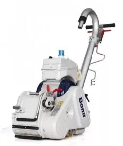 Biała cykliniarka Bona Belt UX z widocznymi elementami sterującymi w kolorze czerwonym i niebieskim, stojąca na białym tle.