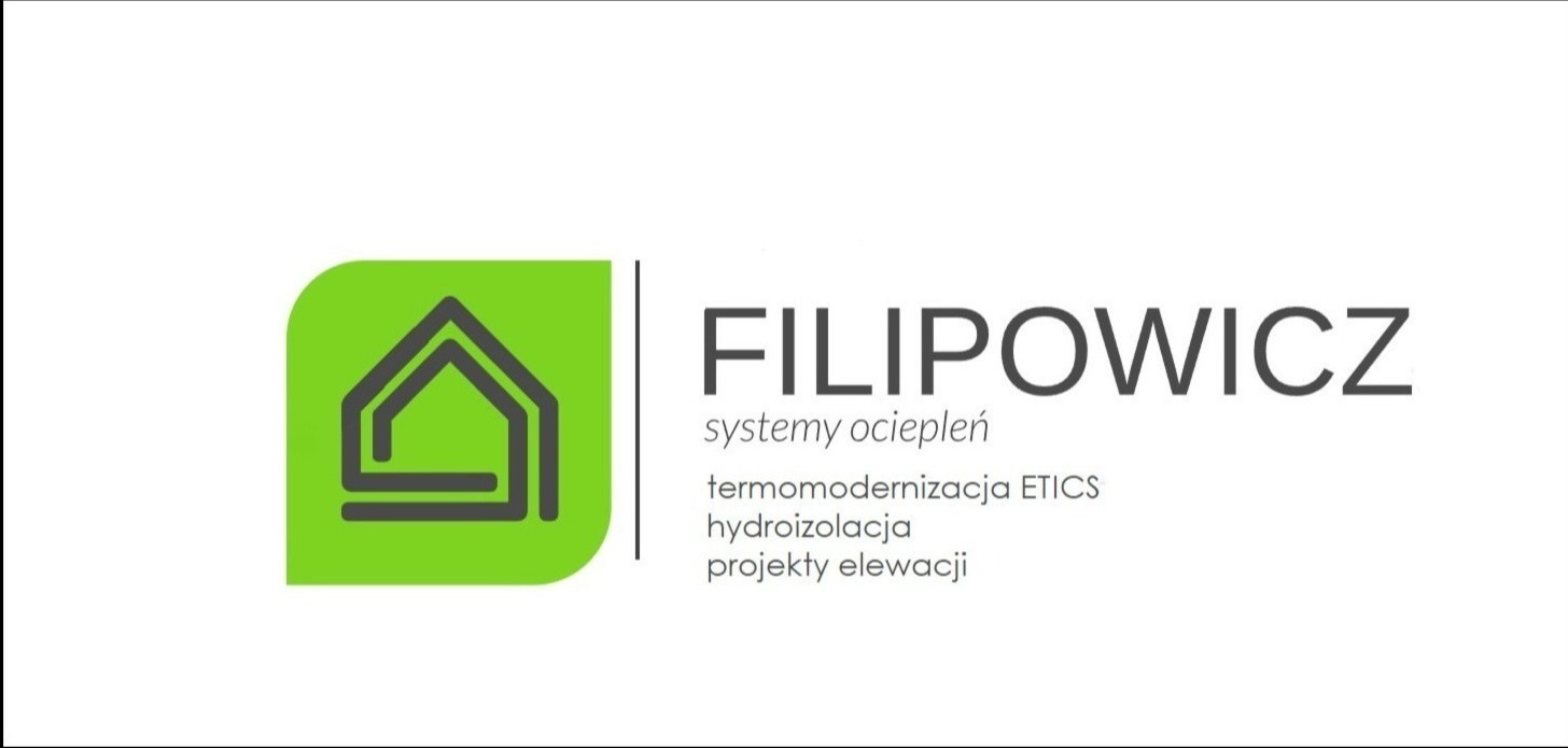Logo firmy Filipowicz, specjalizującej się w systemach ociepleń, termomodernizacji ETICS, hydroizolacji i projektach elewacji. Zielony kwadrat z ikoną domu.