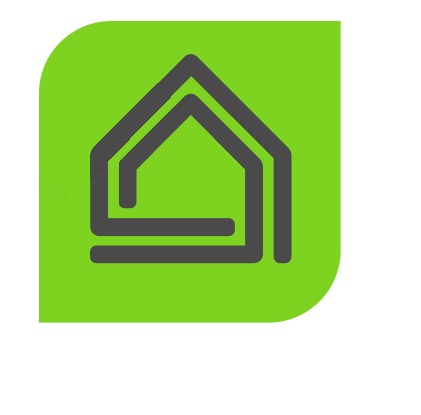 Stylizowane logo domu z szarą obwódką na zielonym tle.