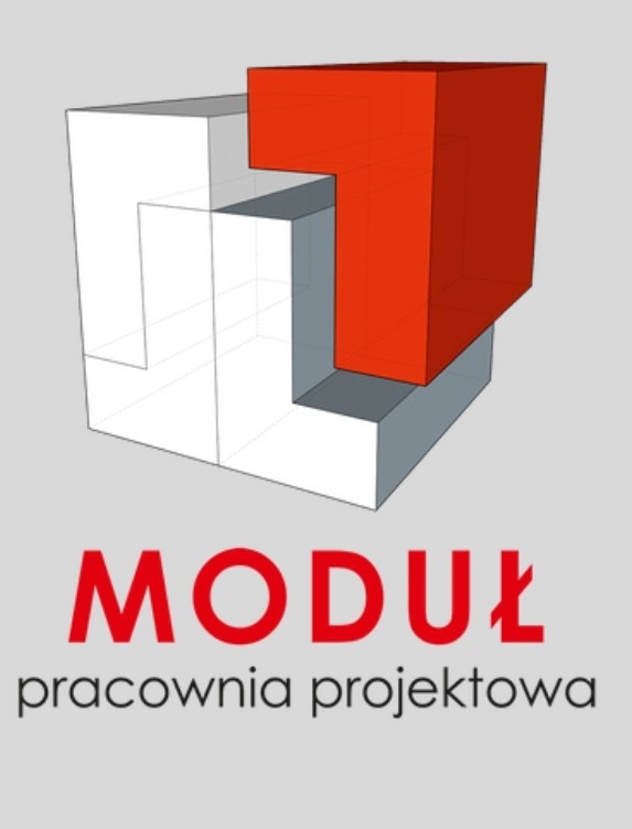Logo pracowni projektowej MODUŁ przedstawiające białą, trójwymiarową bryłę z czerwonym prostopadłościanem wkomponowanym w jej strukturę.