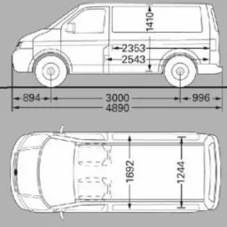 Schemat techniczny białego furgonetki z widokiem z boku i z góry, zawierający wymiary w milimetrach.