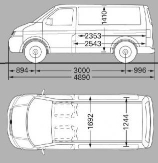 Schemat techniczny białego furgonetki z widokiem z boku i z góry, zawierający wymiary w milimetrach.
