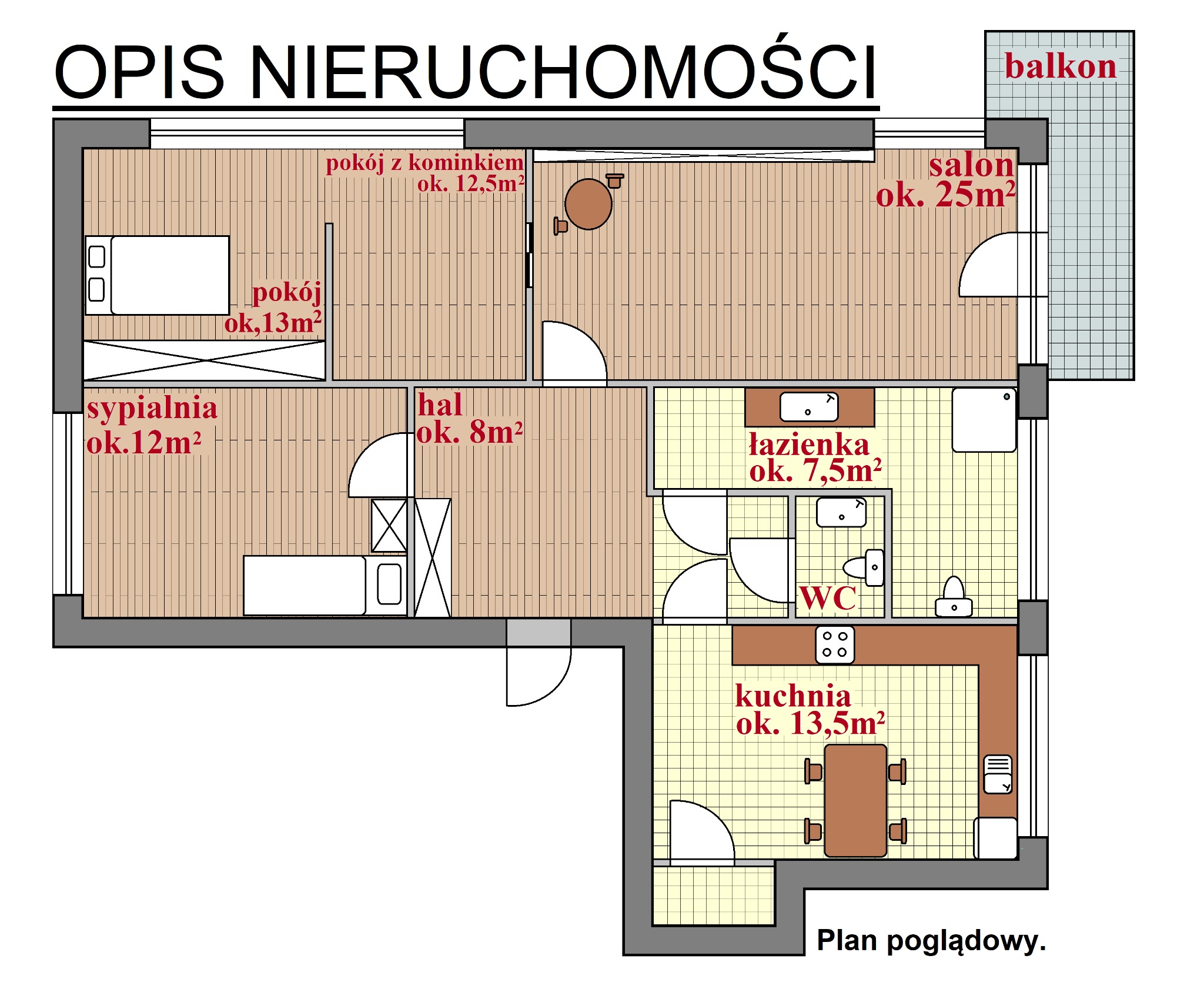 przykładowy plan mieszkania 'w kolorze'