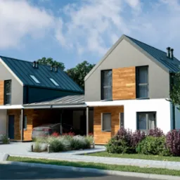 Nowoczesny dom dwurodzinny z elementami drewnianej elewacji, grafitowym dachem i podjazdem z kostki brukowej, samochód zaparkowany w wiacie.