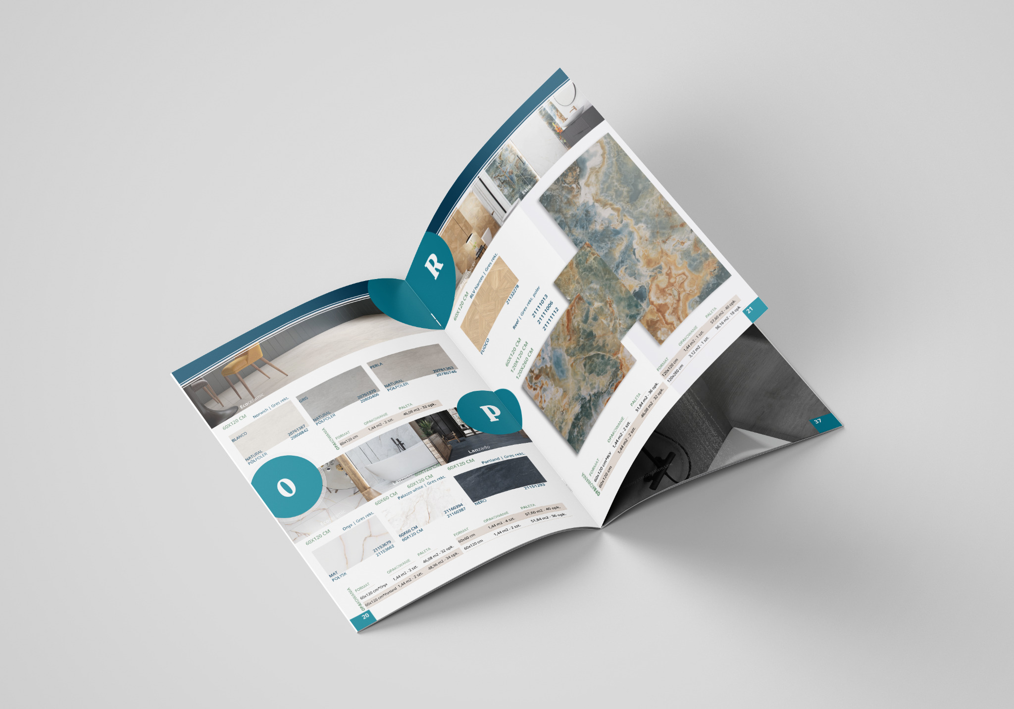 Rozłożony katalog z prezentacją płytek ceramicznych różnych wzorów i formatów, w tym imitujących marmur i drewno, z podanymi wymiarami i informacjami o opakowaniu.
