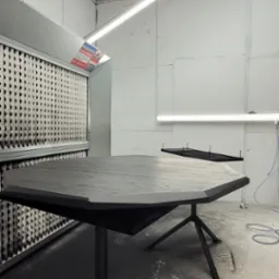Ośmiokątny stół z drewna po lakierowaniu w kabinie lakierniczej z widocznymi filtrami powietrza.