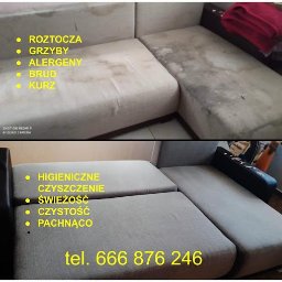 Pranie wykladzin | Pranie tapicerki | Pranie dywanów - Rafał Sztwiertnia - Porównanie stanu kanapy narożnej przed i po praniu: widoczne plamy i zabrudzenia na górnym zdjęciu, odświeżony i czysty materiał na dolnym zdjęciu, z tekstem reklamowym i numerem telefonu.