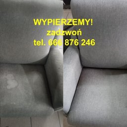 Pranie wykladzin | Pranie tapicerki | Pranie dywanów - Rafał Sztwiertnia - Porównanie fotela przed i po czyszczeniu, widoczne plamy na siedzisku po lewej stronie i czysta powierzchnia po prawej, z żółtym napisem 'WYPIERZEMY! zadzwoń tel. 666 876 246' na środku.
