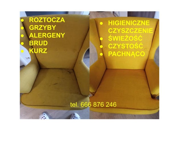 Żółty fotel typu uszak, porównanie stanu przed i po czyszczeniu: po lewej widoczne plamy i zabrudzenia, po prawej czysty i odświeżony. Na zdjęciu widoczne napisy informujące o usuwaniu roztoczy...
