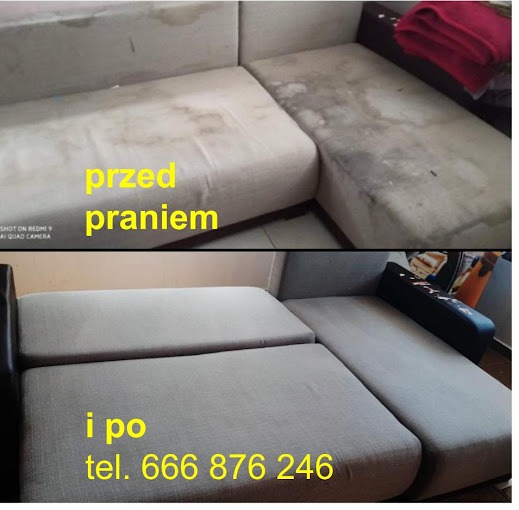 Dwu-częściowe ujęcie narożnika: górna część pokazuje zabrudzenia przed czyszczeniem, dolna część prezentuje odświeżony narożnik po usunięciu plam, z widocznym numerem telefonu kontaktowego.