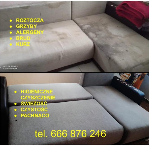 Porównanie stanu kanapy narożnej przed i po praniu: widoczne plamy i zabrudzenia na górnym zdjęciu, odświeżony i czysty materiał na dolnym zdjęciu, z tekstem reklamowym i numerem telefonu.