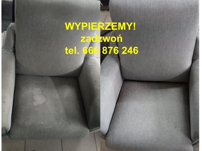 Porównanie fotela przed i po czyszczeniu, widoczne plamy na siedzisku po lewej stronie i czysta powierzchnia po prawej, z żółtym napisem 'WYPIERZEMY! zadzwoń tel. 666 876 246' na środku.