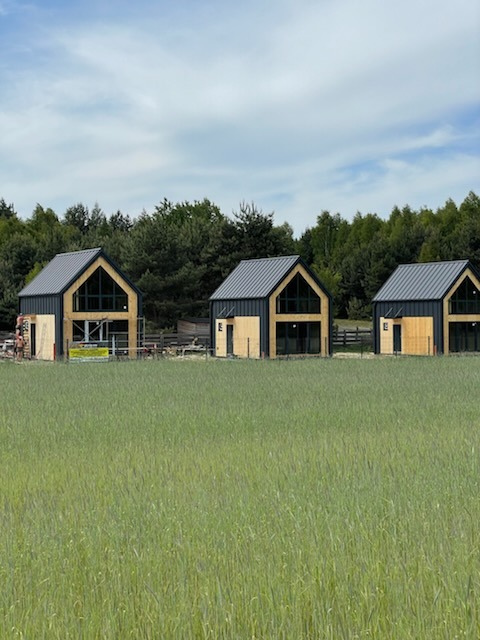 Trzy nowoczesne budynki z szarymi dachami i drewnianą elewacją, widoczne zza pola zielonej trawy, na tle lasu i pochmurnego nieba.