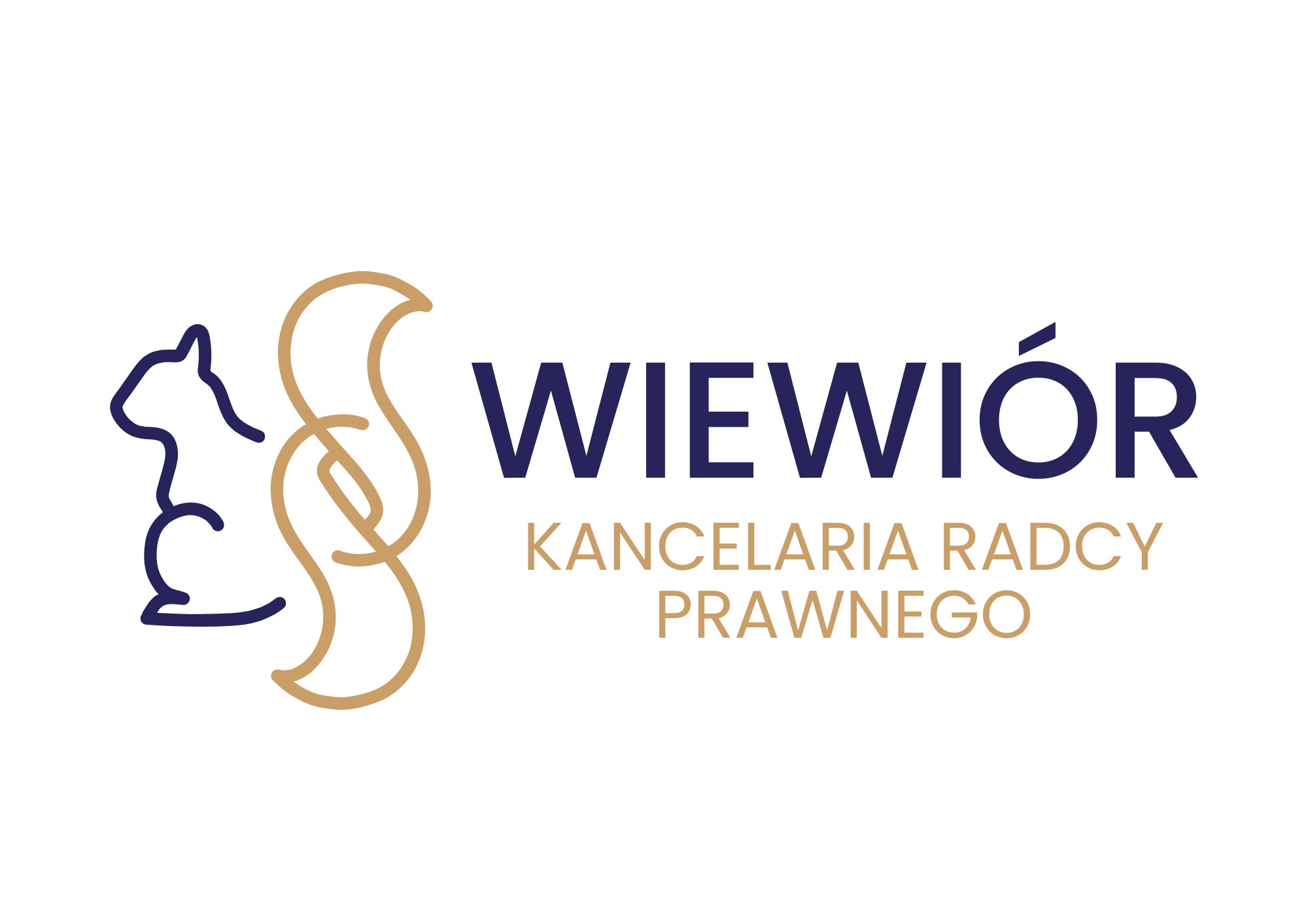 Logo kancelarii radcy prawnego 'Wiewiór' z symbolem paragrafu stylizowanym na wiewiórkę, w kolorach granatowym i złotym, na białym tle.