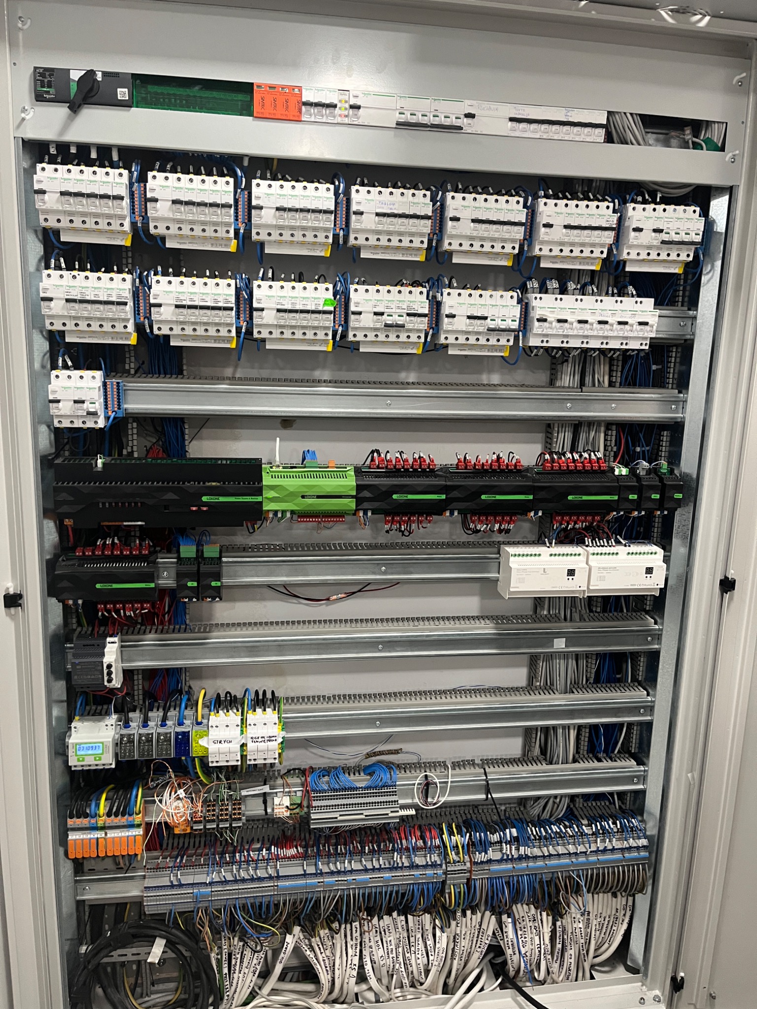 Otwarta szafa sterownicza z licznymi zabezpieczeniami, modułami sterującymi Loxone, okablowaniem i opisami na przewodach.