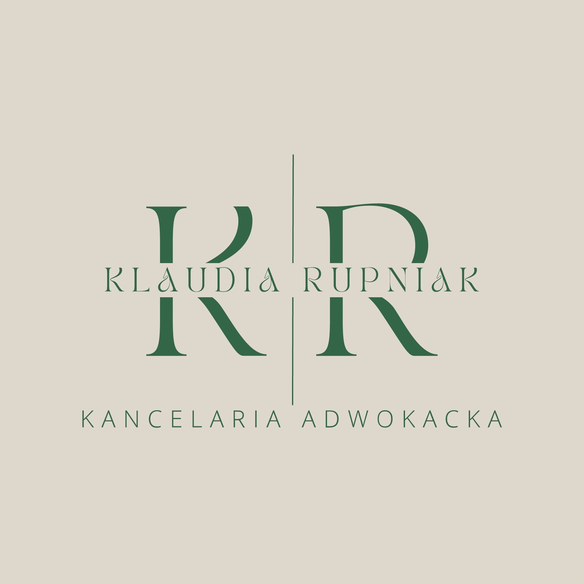 Logo Kancelarii Adwokackiej Klaudii Rupniak z inicjałami KR w ciemnej zieleni na beżowym tle.