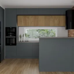 Nowoczesna kuchnia w odcieniach szarości z drewnianymi akcentami, czarnym sprzętem AGD i ceglaną ścianą w tle.