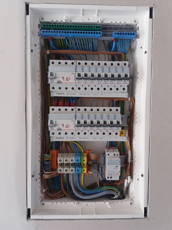 Otwarta skrzynka elektryczna z bezpiecznikami, przewodami w różnych kolorach i listwami zaciskowymi, zamontowana na ścianie w trakcie instalacji.