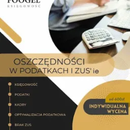 Grafika reklamowa biura księgowego Foogel: logo, hasło 'Oszczędności w podatkach i ZUS'ie', kalkulator na biurku, oferta indywidualnej wyceny, dane kontaktowe.