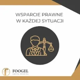 Grafika reklamowa z hasłem 'Wsparcie prawne w każdej sytuacji'. Centralnie ikona przedstawiająca sylwetkę mężczyzny w garniturze oraz wagę sprawiedliwości, umieszczone na ciemnoszarym okręgu. W tle...