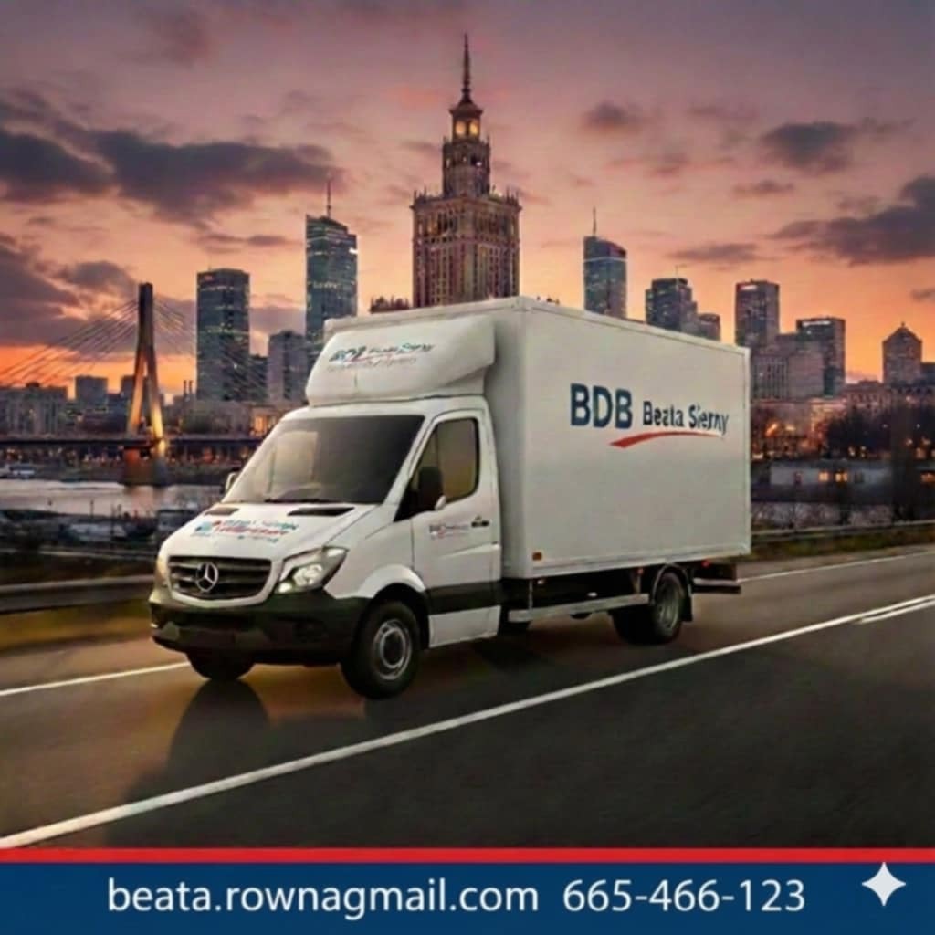 Biała furgonetka BDB Beata Sierny na tle panoramy Warszawy o zmierzchu. Widoczny Pałac Kultury i Nauki oraz most Świętokrzyski. Kontakt: beata.rownagmail.com, 665-466-123.