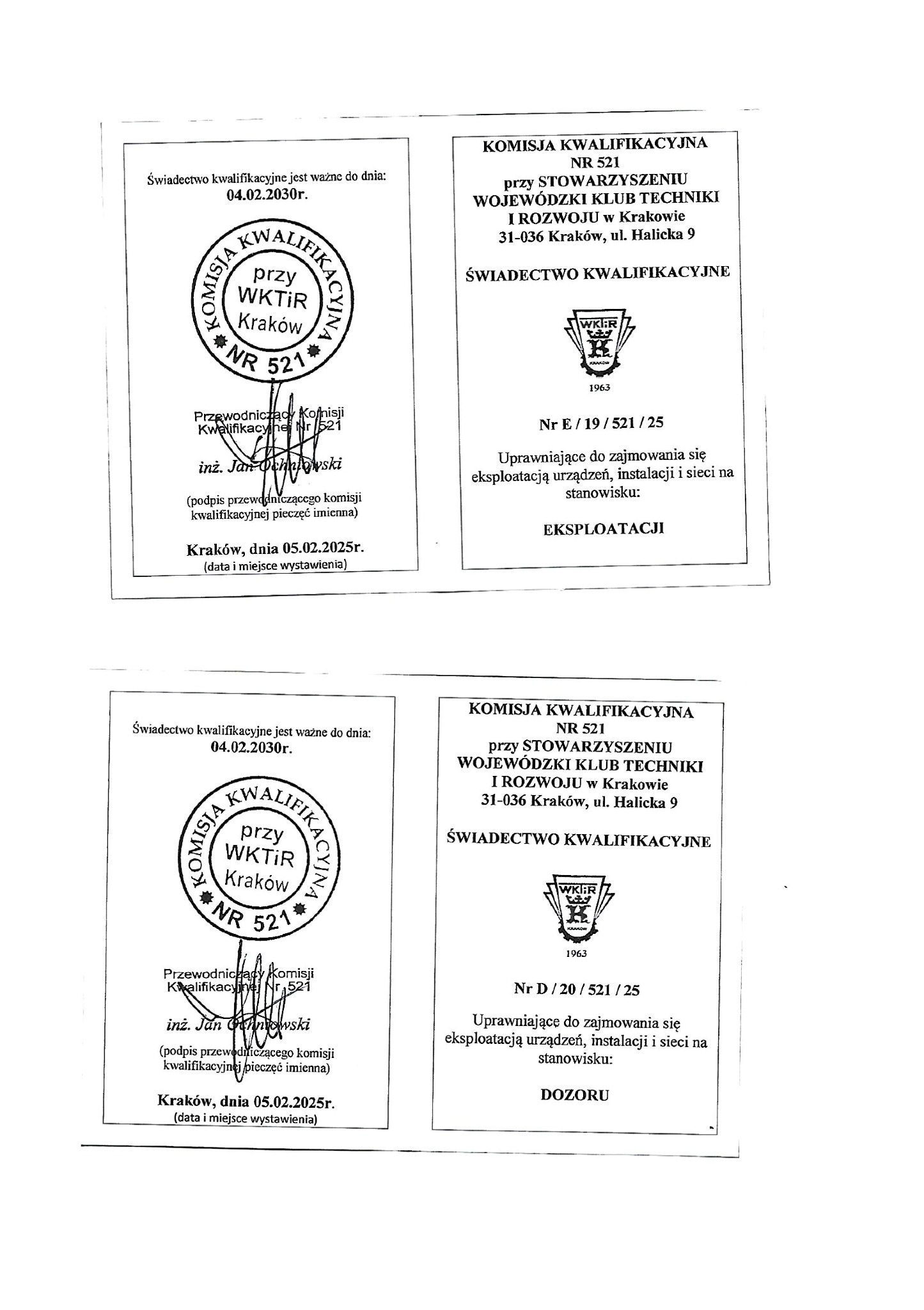 Skan dokumentów potwierdzających uprawnienia elektryczne, wydane przez Komisję Kwalifikacyjną przy Stowarzyszeniu Wojewódzki Klub Techniki i Rozwoju w Krakowie, z datą ważności do 2030 roku...