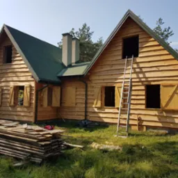 Surowy drewniany dom w trakcie budowy z zielonym dachem i stosem desek na trawie, widoczna drabina oparta o ścianę.