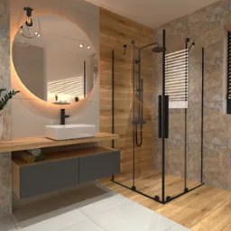 Nowoczesna łazienka z kabiną prysznicową typu walk-in, okrągłym lustrem podświetlanym LED, umywalką nablatową i drewnopodobnymi płytkami na ścianie oraz podłodze.