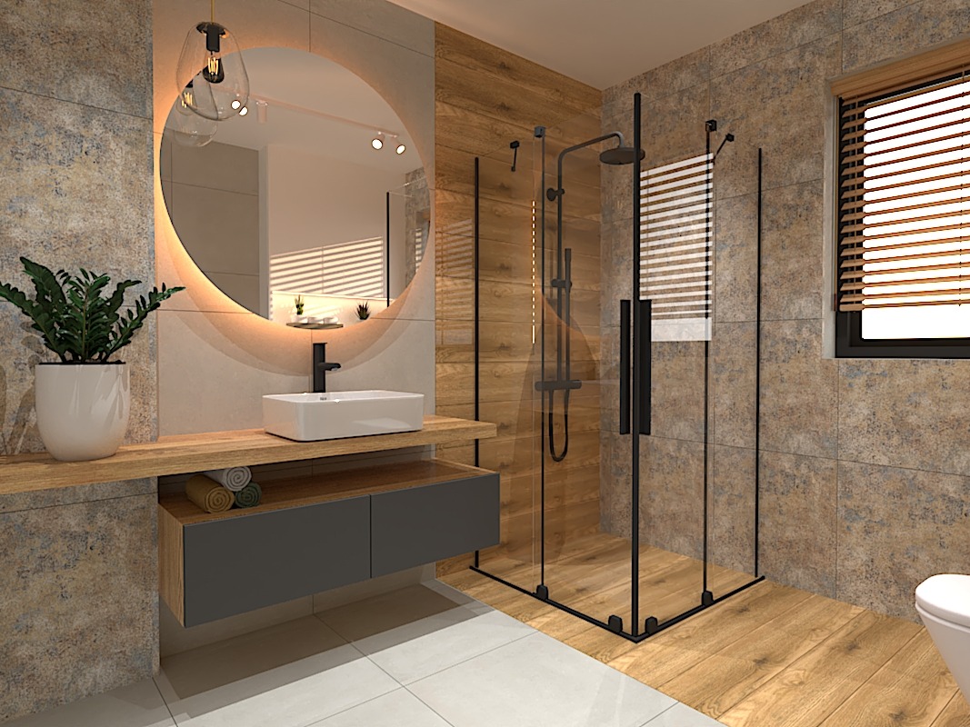 Nowoczesna łazienka z kabiną prysznicową typu walk-in, okrągłym lustrem podświetlanym LED, umywalką nablatową i drewnopodobnymi płytkami na ścianie oraz podłodze.