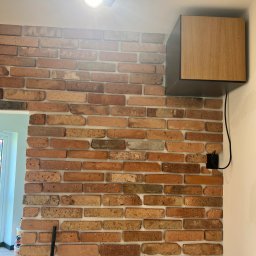 Laparis - Dekoracyjna ściana z cegły klinkierowej w salonie, z wiszącą szafką z drewna i oświetleniem punktowym na suficie.