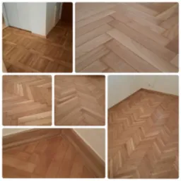 Jasny parkiet ułożony we wzór jodełki, widok z różnych perspektyw i zbliżeń, prezentujący wykończenie podłogi w pomieszczeniu z białymi ścianami i listwami przypodłogowymi.