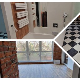 Kamil Bloch usługi remontowo-budowlane - Wielokadrowy widok wnętrz w stylu loftowym: fragment łazienki z białą armaturą i grzejnikiem drabinkowym na tle drewnianej boazerii, podłoga w czarno-białą szachownicę; pokój z ceglaną ścianą...