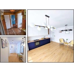 Kamil Bloch usługi remontowo-budowlane - Kolaż przedstawiający metamorfozę wnętrza: korytarz i kuchnia przed i po remoncie, z naciskiem na nowoczesne wykończenie, jasne kolory i oświetlenie.