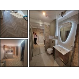 Kamil Bloch usługi remontowo-budowlane - Kompozycja trzech ujęć: parkiet ułożony w jodełkę, kuchnia z wyspą i schodkami, oraz łazienka z podświetlanym lustrem, kabiną prysznicową i wiszącą toaletą.