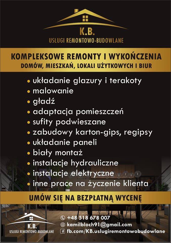 Grafika reklamowa firmy remontowo-budowlanej K.B. z listą usług: układanie glazury, malowanie, gładź, adaptacja pomieszczeń, sufity podwieszane, zabudowy karton-gips, układanie paneli, biały montaż...
