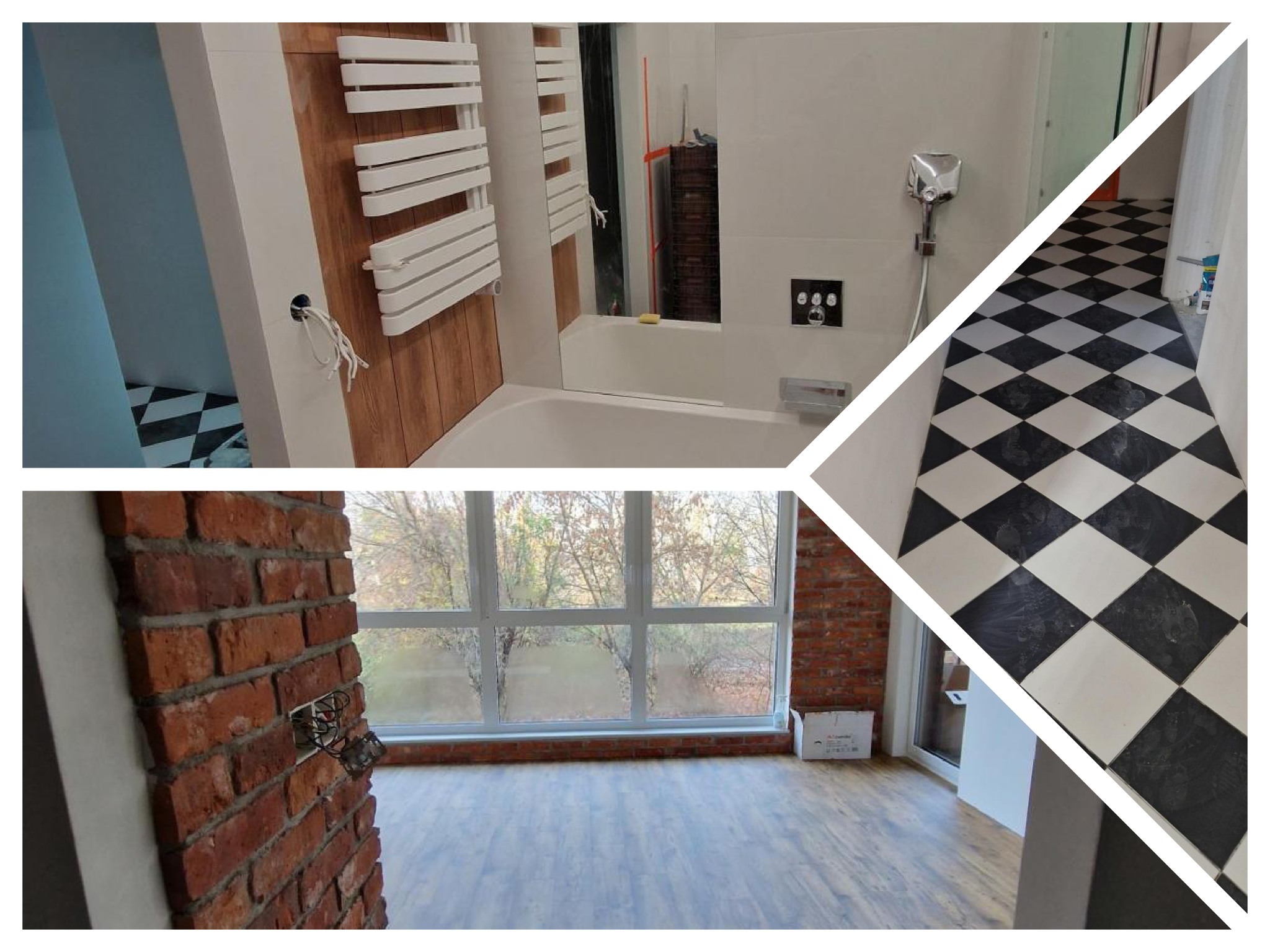 Wielokadrowy widok wnętrz w stylu loftowym: fragment łazienki z białą armaturą i grzejnikiem drabinkowym na tle drewnianej boazerii, podłoga w czarno-białą szachownicę; pokój z ceglaną ścianą...