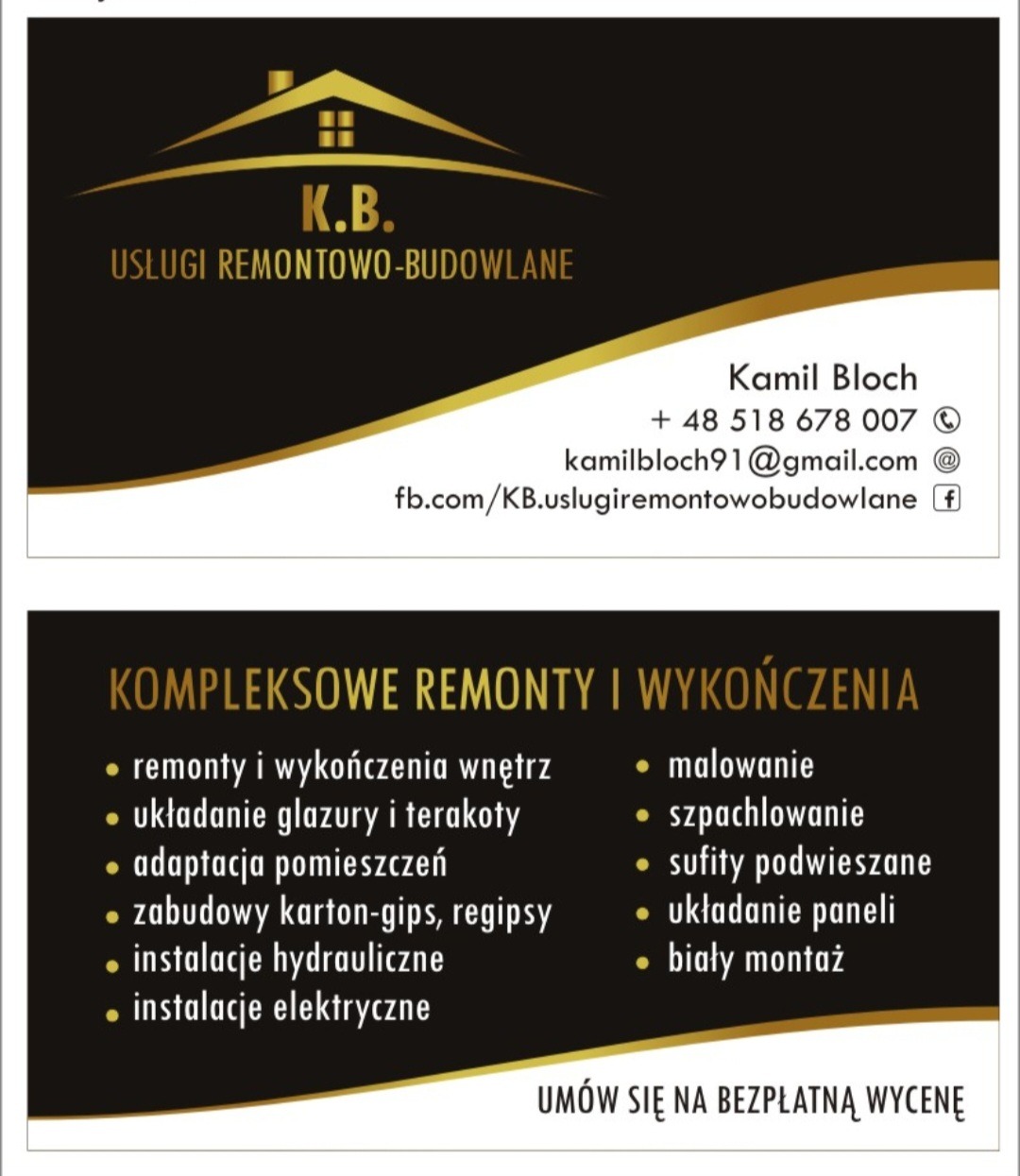 Wizytówka firmy remontowo-budowlanej K.B. z logo przedstawiającym kontur domu, oferującej kompleksowe remonty i wykończenia wnętrz, układanie glazury, adaptacje, zabudowy karton-gips, instalacje...