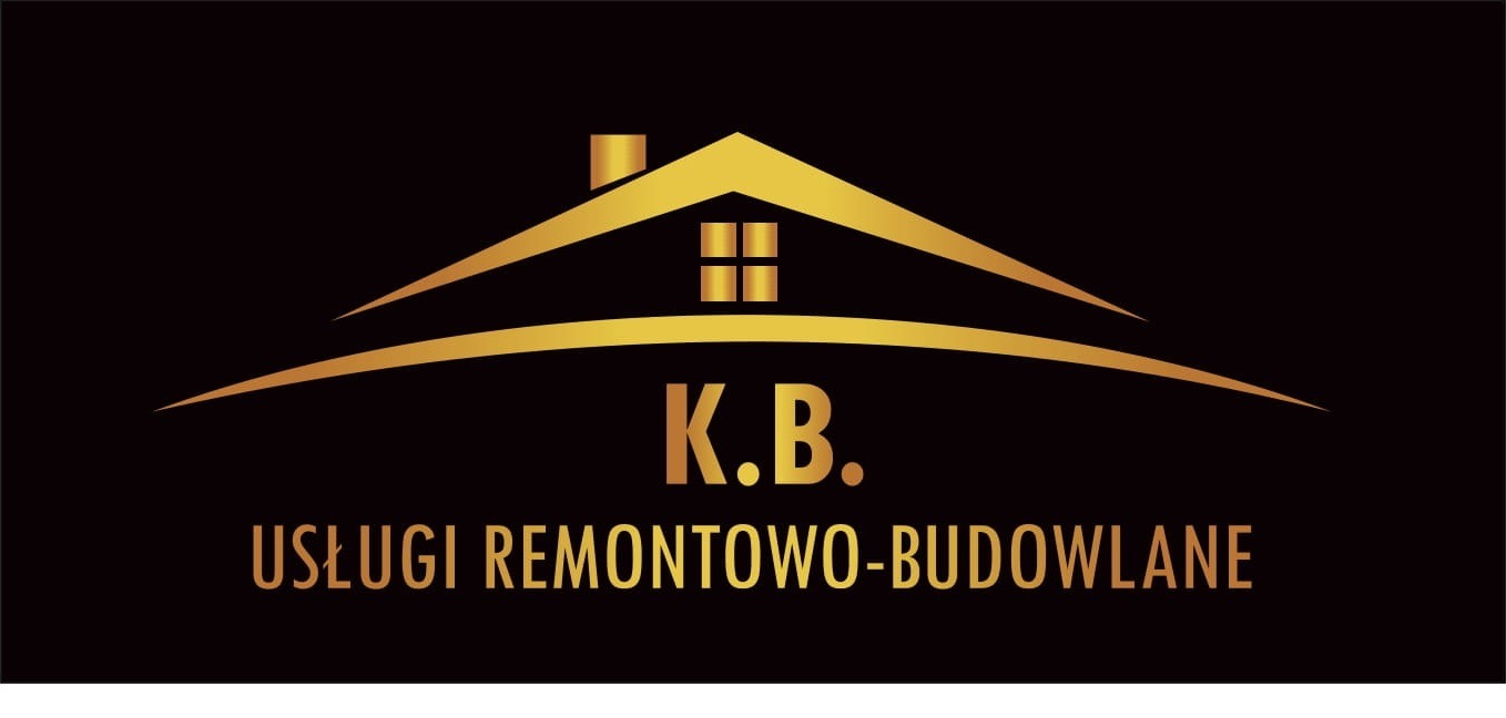 Złote logo firmy K.B. Usługi Remontowo-Budowlane na czarnym tle, przedstawiające stylizowany dach z oknem.