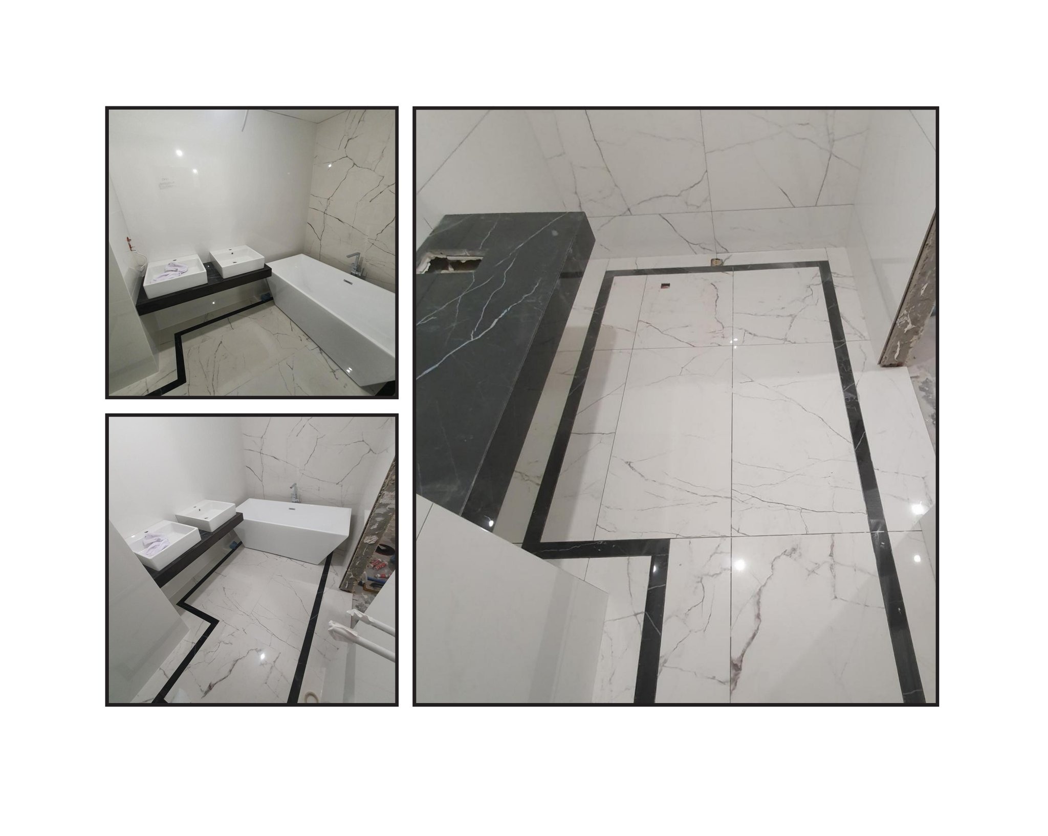 Wnętrze łazienki w trakcie wykańczania, widoczne białe płytki z czarnym żyłkowaniem i czarne akcenty, umywalki nablatowe i wanna, częściowo zamontowany blat pod umywalkę.