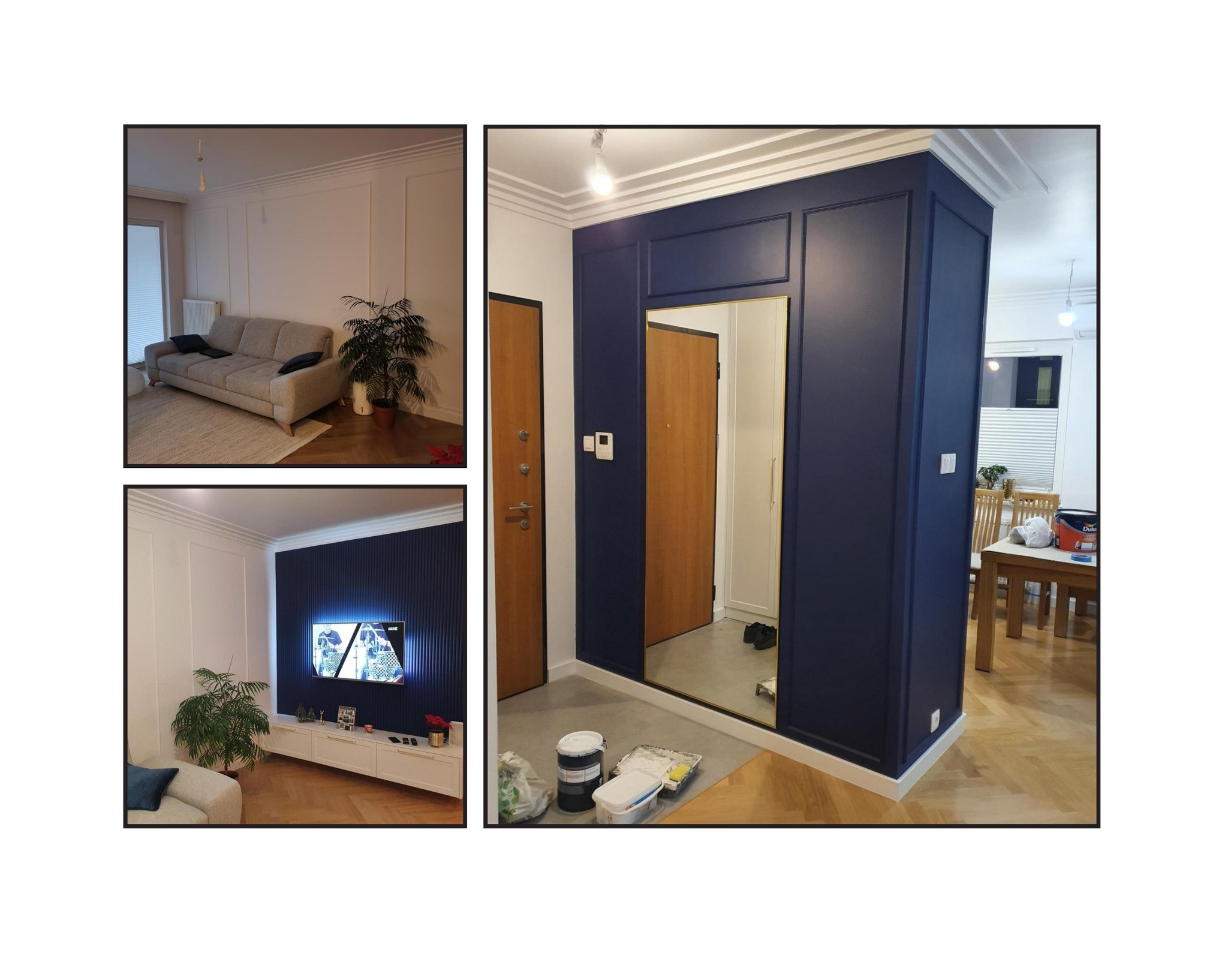 Kolaż zdjęć przedstawiających odnowione wnętrze mieszkania: salon z szarą sofą i rośliną, ściana z panelem z lameli i telewizorem oraz przedpokój z lustrem i granatową ścianą z dekoracyjnymi...