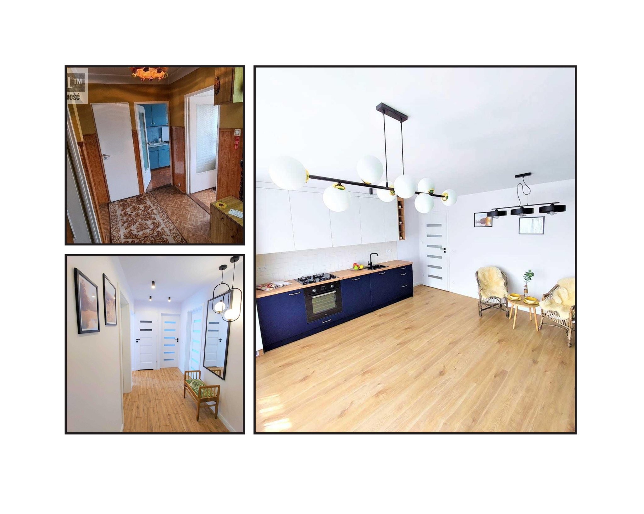 Kolaż przedstawiający metamorfozę wnętrza: korytarz i kuchnia przed i po remoncie, z naciskiem na nowoczesne wykończenie, jasne kolory i oświetlenie.