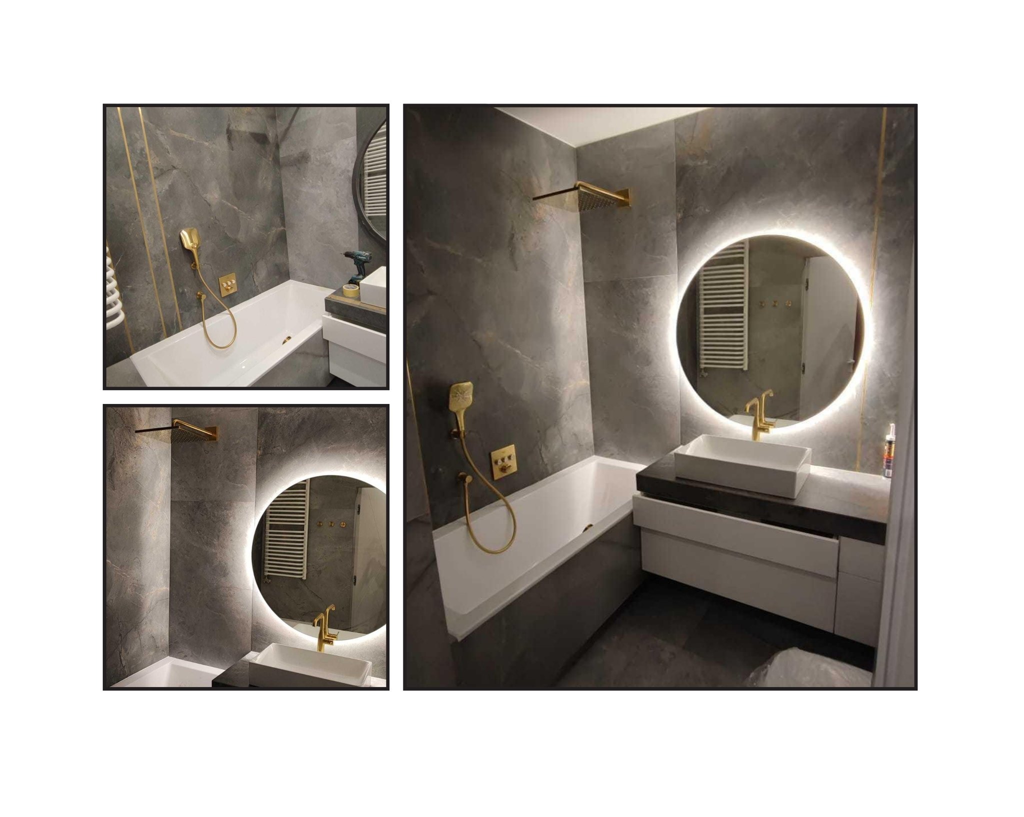 Nowoczesna łazienka z szarymi płytkami imitującymi marmur, złotą armaturą i okrągłym lustrem z podświetleniem LED. Widoczna wanna, umywalka nablatowa i grzejnik drabinkowy. Na blacie leży wiertarka.