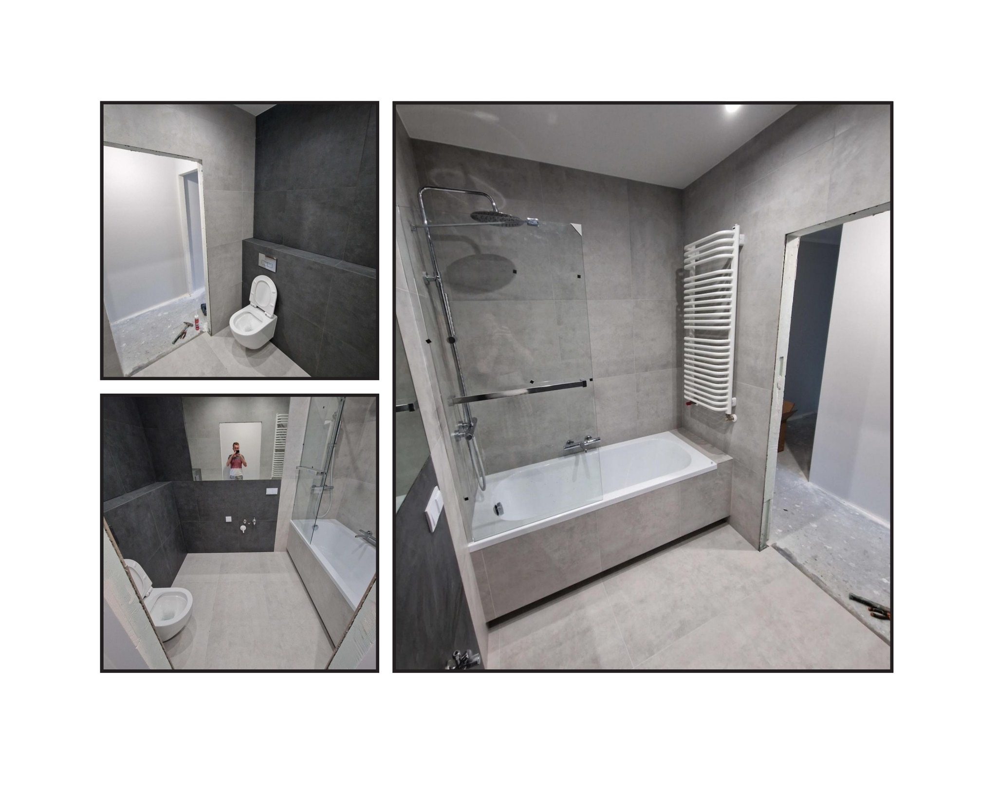 Wnętrze łazienki w odcieniach szarości z wanną za szklaną ścianką, grzejnikiem drabinkowym i podwieszaną toaletą; widoczne niedokończone wykończenia podłogi w przedsionku.