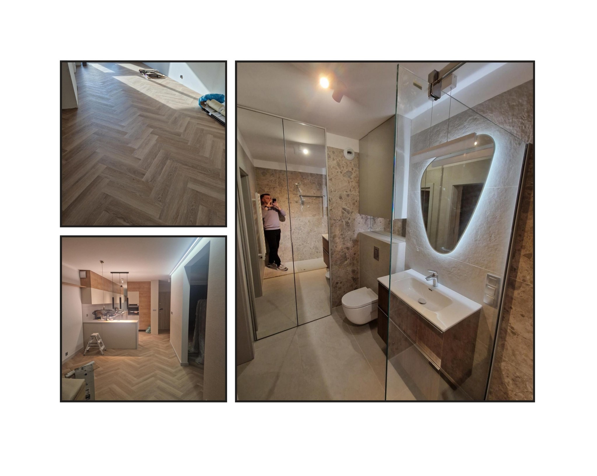 Kompozycja trzech ujęć: parkiet ułożony w jodełkę, kuchnia z wyspą i schodkami, oraz łazienka z podświetlanym lustrem, kabiną prysznicową i wiszącą toaletą.