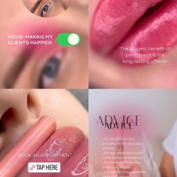 Maria Holovchuk - Zdjęcie przedstawia efekt zabiegu permanentnego makijażu ust, z bliska widoczne usta w odcieniach różu i czerwieni, a także fragment twarzy z zaznaczonymi brwiami i niebieskimi oczami. Na zdjęciu...