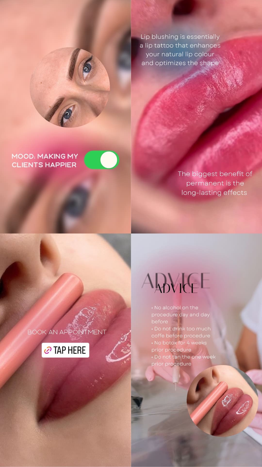 Zdjęcie przedstawia efekt zabiegu permanentnego makijażu ust, z bliska widoczne usta w odcieniach różu i czerwieni, a także fragment twarzy z zaznaczonymi brwiami i niebieskimi oczami. Na zdjęciu...