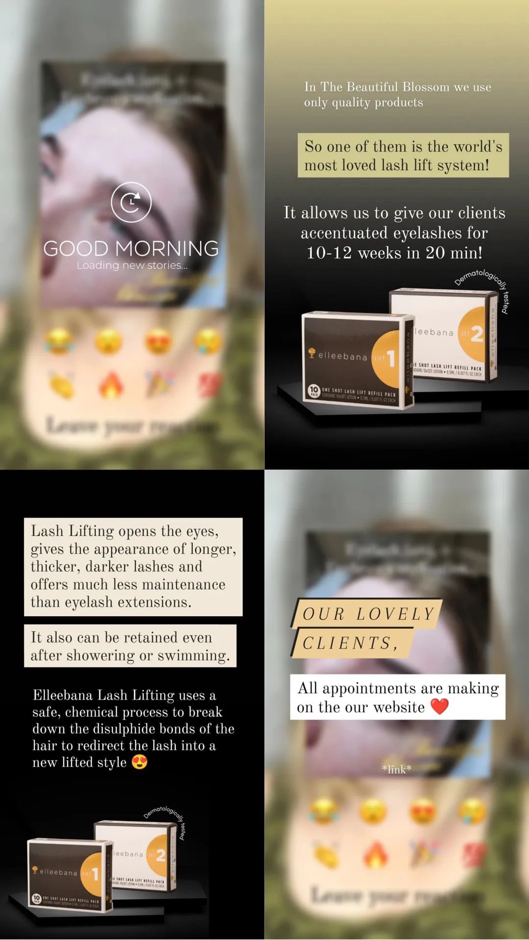 Kompozycja z ekranu telefonu z komunikatem 'Good Morning' i informacją o nowościach, obok pudełek z zestawem do liftingu rzęs Elleebana, tekstu o zaletach liftingu i zaproszenia do rezerwacji wizyt...
