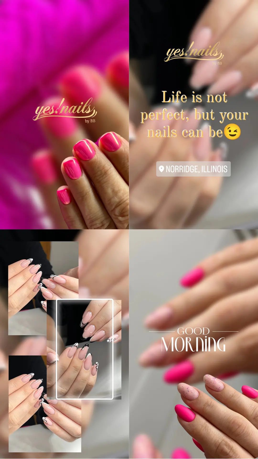 Kolaż zdjęć dłoni z różnymi stylizacjami paznokci, w tym różowe matowe i beżowe z czarnymi zdobieniami.