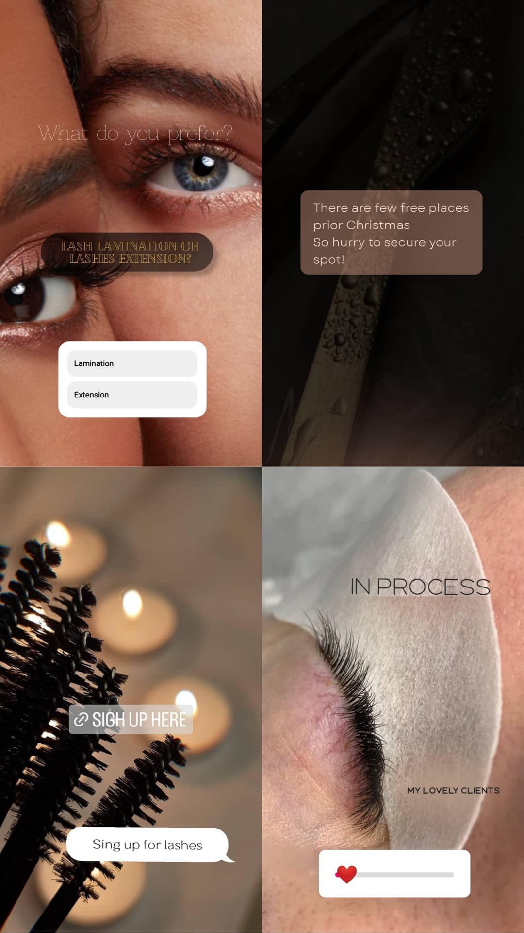 Kompozycja z czterech kadrów: porównanie oka przed i po laminacji rzęs, reklama wolnych terminów przed świętami, szczoteczki do rzęs przy świecach oraz oko w trakcie zabiegu przedłużania rzęs.